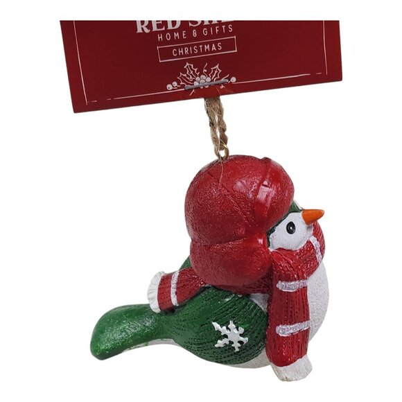 Red Shed Christmas Resin Bird Ornament With Scarf & Hat Tree Ornament Red Green - Picture 5 of 10